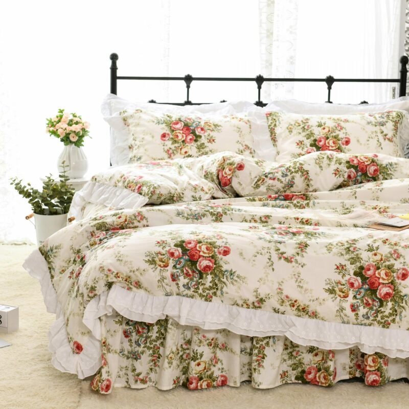 Vintage Floral Bedding Duvet Cover Sets Twin Queen King Kids Girls Bedding Sets 100% Cotton Ruffles Flower Bedding Bedskirt set 4