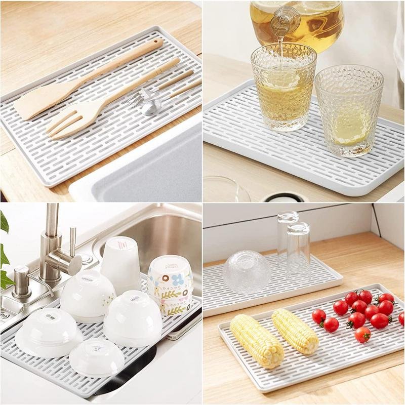 2pcs Double-layer Sink Caddy Sponge Cup Dish Drainer Mat Drying Tray Kitchen Counter Fruit Storage Organizer White Plastic 4