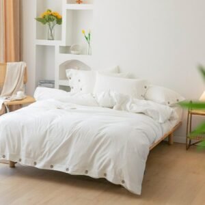 Yarn Dyed Plain Solid Color Off White 100%Washed Cotton button Duvet Cover Ultra Soft Easy Care,Simple Bedding Set Bed Sheet set 1