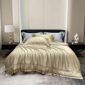 Home 100%Bamboo Lyocell Embroidery Linen Champagne Duvet Cover 4Pcs Softer than Cotton 1 Duvet Cover 1Bed Sheet 2 Pillowcases 1