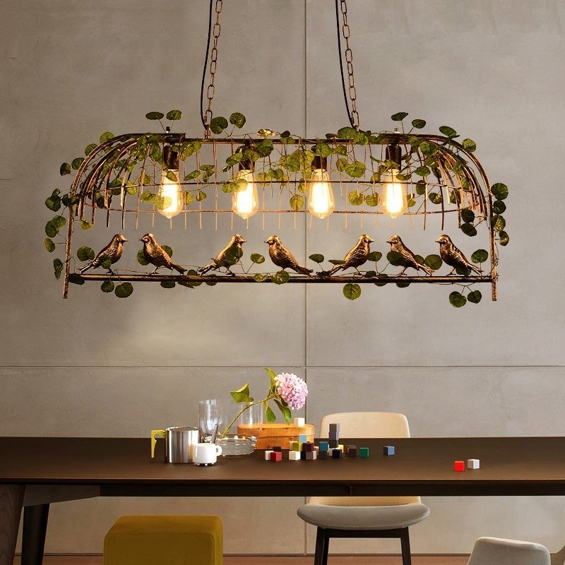 Retro Style Iron Bird Cage Green Leaf Decoration Chandelier for Restaurant Holl Bar Dining Table Garden  LED Lamps Indoor Decor 1