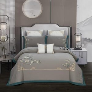 Chinoiserie Vintage Chic Embroidery Duvet Cover Grey Long Staple Cotton 4Pcs Bedding set Queen King size Bed Sheet Quilt Cover 1