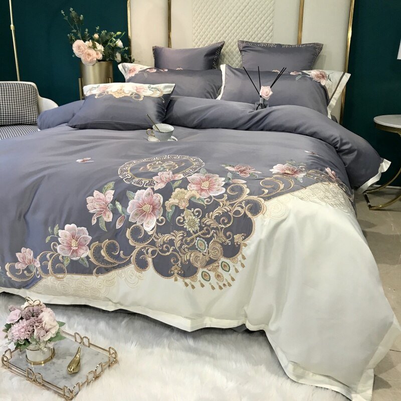 Chic Embroidery Blossom White Grey Patchwork Duvet Cover Luxury Silk Satin Cotton Soft Bedding set Bed Sheet Pillowcases 6
