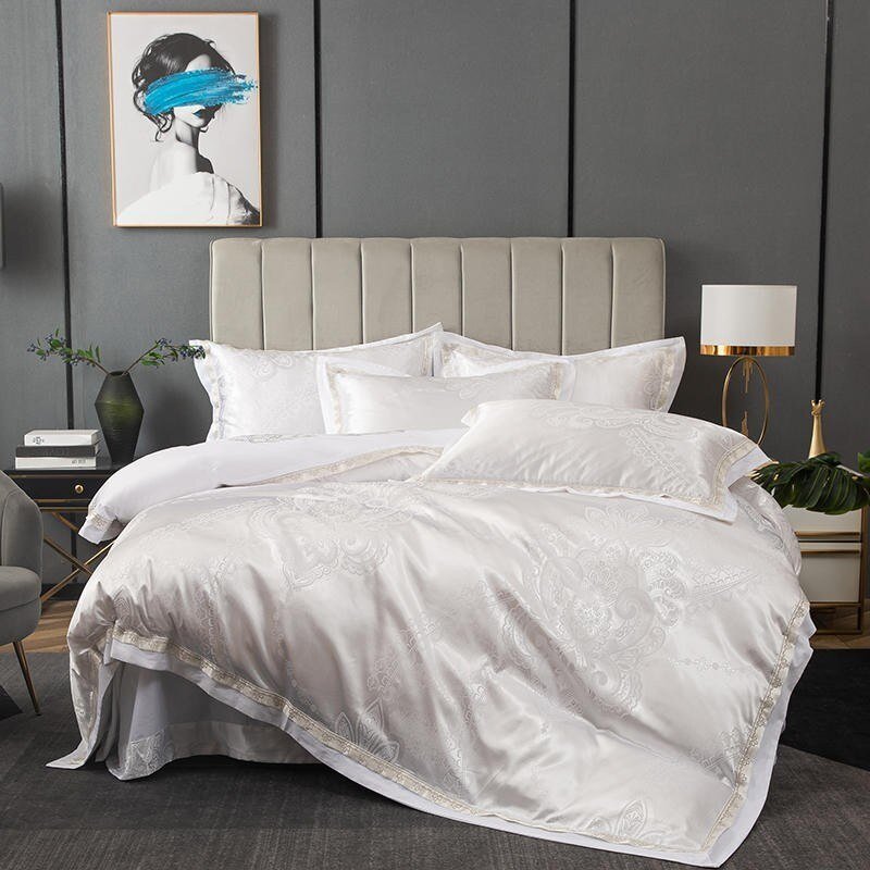 4Pcs Satin/Silky Luxury Soft White Gray Bedding set Sateen Cotton Duvet Cover Set Bed Sheet Pillowcases Stain-Resistant Wrinkle 1