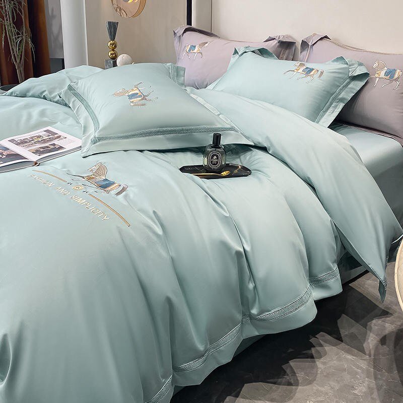 4Pcs Horse Bedding Set Tiffany Green 1000TC Egyptian Cotton Bedding Embroidery Duvet Cover for Adult Teens Bed Sheet Pillowcases 5