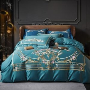 Long Stple Cotton Blue 4Pcs Duvet Cover Bed Sheet Double Queen King size Elegant Flowers Embroidered Luxury Soft Bedding Set 1