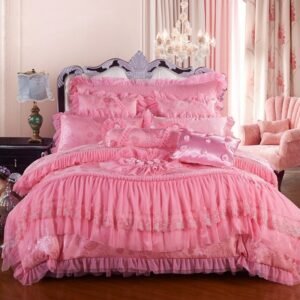 Luxury Multi Layers Ruffles Lace Duvet Cover set Red Pink Wedding Bedding sets Quilted Bedspread Decorative Pillows Queen King 1