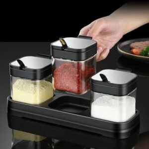 3-in-1 Glass Spice Pot Set Kitchen Counter Storage Containers Seasoning Box with Stainless Steel Spoon Lid Salt Sugar Bottle Jar 1