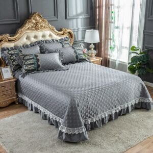 Luxury Grey Egyptian Cotton Quilted Bedspread Cloverlet Lace Edge Bed sprerad for All Season Blanket Quilt Pillowcases 3/5pcs 1