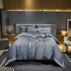 4Pcs Embroidery Grayish Blue Bedding set High End Egyptian Cotton Sateen Silky Soft Duvet Cover Bed Sheet Pillowcases Queen King 1