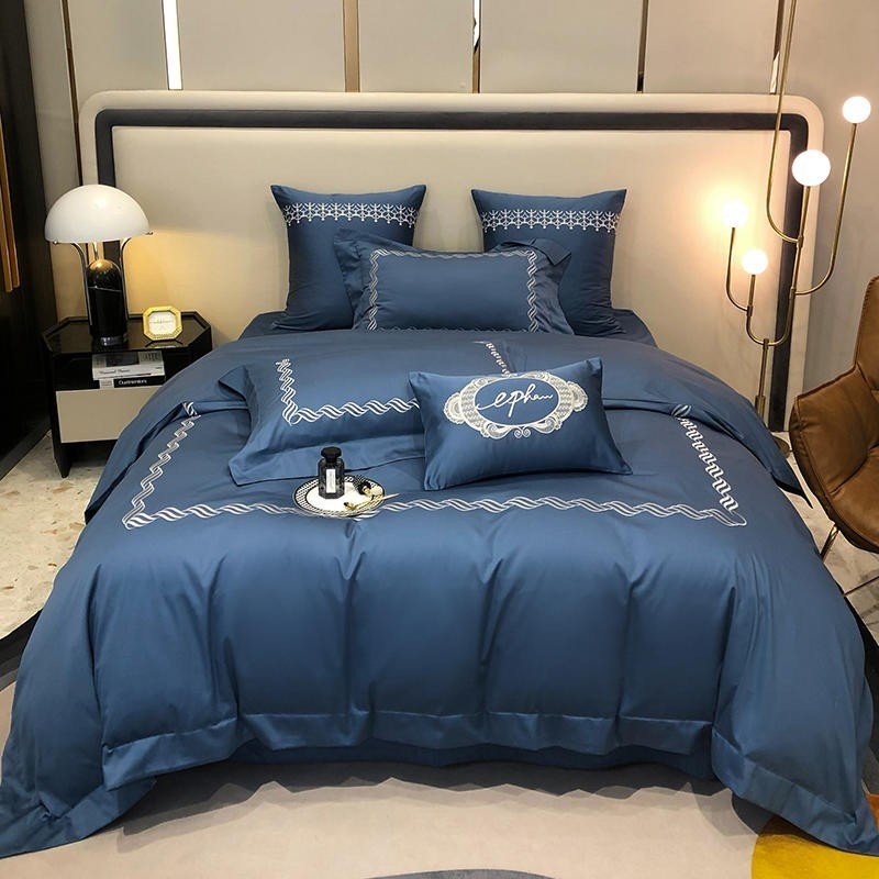 Chic Embroidered Hotel Navy Blue Duvet Cover Bed Sheet Pillowcases 1000TC Egyptian Cotton Bedding set Double Queen King 4Pcs 1