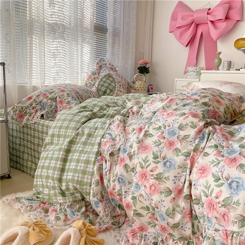 100%Cotton Single Queen Double size Bedding Sets for Girls Vibrant Flowers Down Comforter Cover Zipper Bed Sheet Pillow shams 2