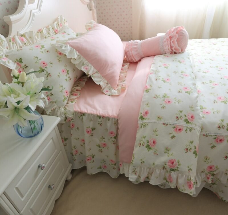 Vintage Pink Floral Ruffled Bedding Duvet Cover Set 100%Cotton Twin Queen King size Girls Bedding set Bedskirt Pillow shams 2