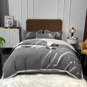4Pcs Double Queen King Abstract Marble Embroidery Brushed Cotton Bedding Grey Zipper Comforter Cover Soft Bed Sheet Pillowcases 1