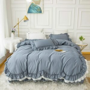 Double Layers Ruffles Blue White Bedding Set for Girls 4/6Pcs 100%Cotton Soft Premium Zipper Duvet Cover Bed Skirt Pillowcases 1