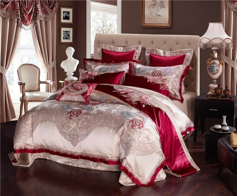 Golden Silk Cotton Luxury Satin Jacquard Bedding Set Queen King size Bedding Sets Bed Sheet/Spread Set Duvet Cover bedclothes 1