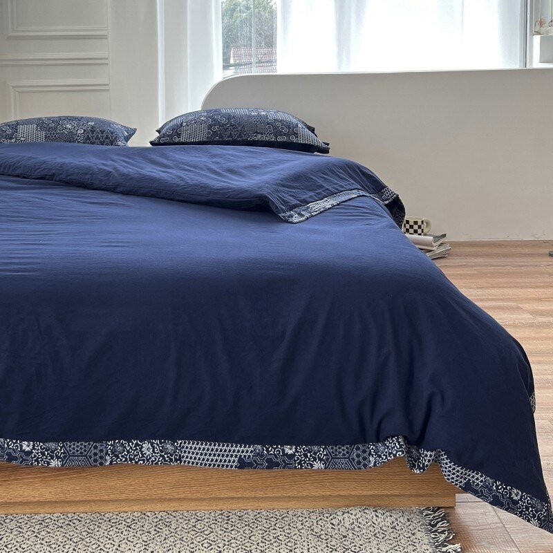 Navy Blue 1Duvet Cover 1bed Sheet 2/4Pillowcases Double Queen King 4/6Pcs 100%Washed Cotton Solid Plain Ultra Soft Bedding Set 2