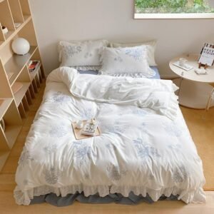 Shabby Chic Ruffles100%Cotton Blue Flowers Pattern White Bedding Set for Girls Soft Bed Sheet Pillowcases Double Queen King 4Pcs 1