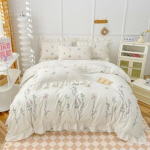 White King Queen Double Flowers 100%Cotton Soft Girls Bedding set 4Pcs Floral Embroidery Duvet Cover Bed/Fitted Sheet Pillowcase 1