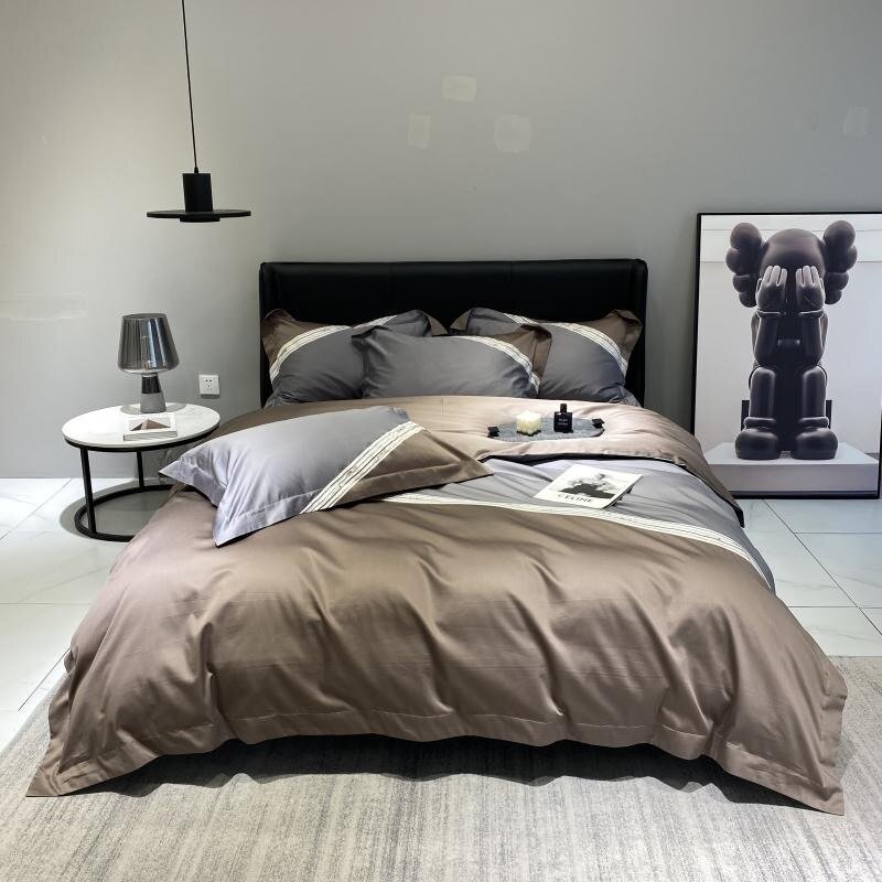 4Pcs 1000TC Premium Egyptian Cotton Grey/Coffee Geometric Patchwork Duvet Cover set Bed Sheet Pillowcases Double Queen King Size 1