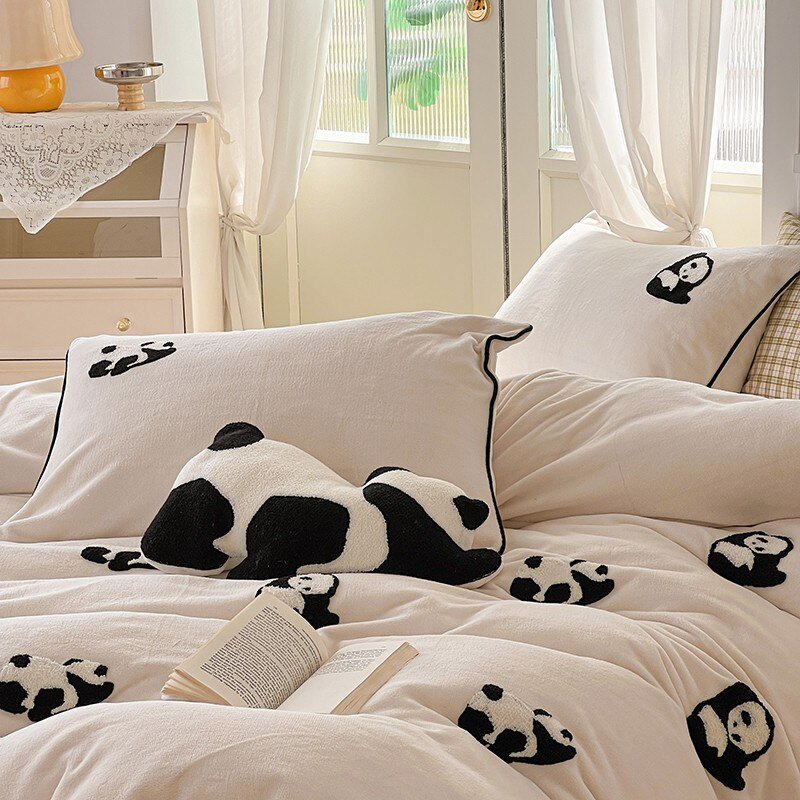 Soft Velvet Duvet Cover Twin Queen Size  Fluffy Flannel Fleece Black Panda Embroidery Comforter Cover Bed Sheet Pillow Shams 5