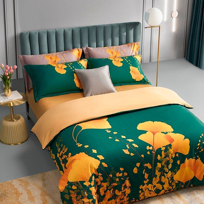 100%Cotton Queen Size Yellow Ginkgo Leaves Bedding Set Bright Duvet Cover with Zipper 1 Bed sheet 2 Pillowcases Easy care Soft 3
