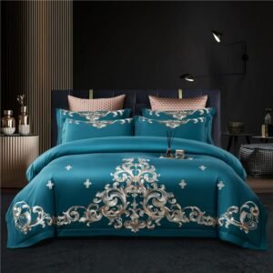 Peacock Blue Delicate Luxurious Embroidery Duvet Cover Set 1000TC Egyptian Cotton Soft Bedding Set with Bed Sheet Pillowcases 1