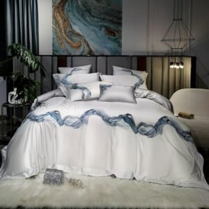 Chic Marble Abstract Emboidery White Gray Duvet Cover Set 4Pcs 1000TC Long Staple Cotton Premium Bedding Bed Sheet Pillowcases 1