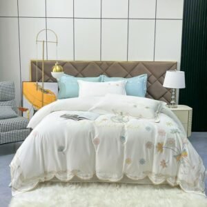 Double Queen King 4Pcs Floral Flowered Spring 100%Cotton Elegant Wildflower Embroidered Soft Bedding Set Bed Sheet Pillowcases 1