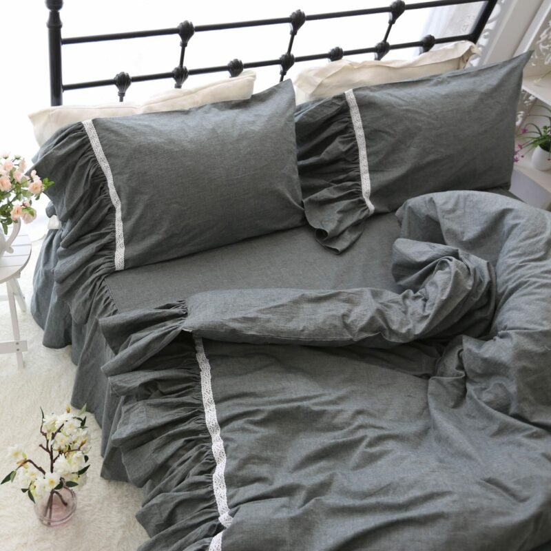Deep Grey Wide Ruffles Duvet Cover 100%Washed Cotton Shabby Soft Bedding Sets Bedskirt Pillowshams Queen King Twin size 4Pcs 4