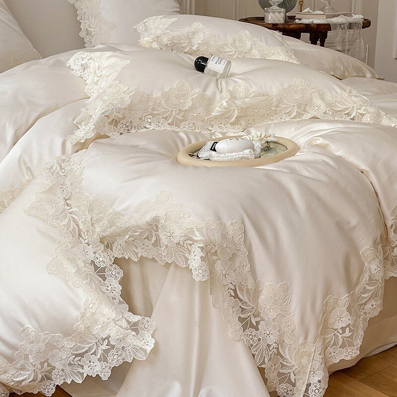 4/7Pcs French Romantic Wedding Chic White Lace Bedding Set 1000TC Egyptian Cotton Ultra Soft Duvet Cover Bed Sheet Pillowcases 1