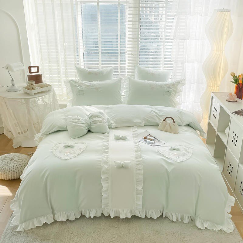 100%Cotton Girls Lovely Elegant Bedding Set Ruffle Exquisite Craft Duvet Cover Set Bed Sheet Pillowcases Princess 4Pcs Bed set 1