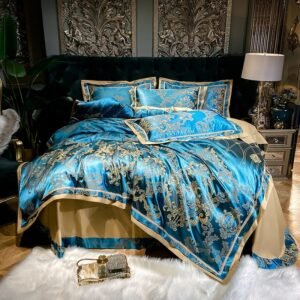 Grey Blue Satin Jacquard Cotton Duvet Cover set Luxury Silky Soft Bedding Set Duvet Cover Bed Sheet Pillowcase Queen King4Pcs 1