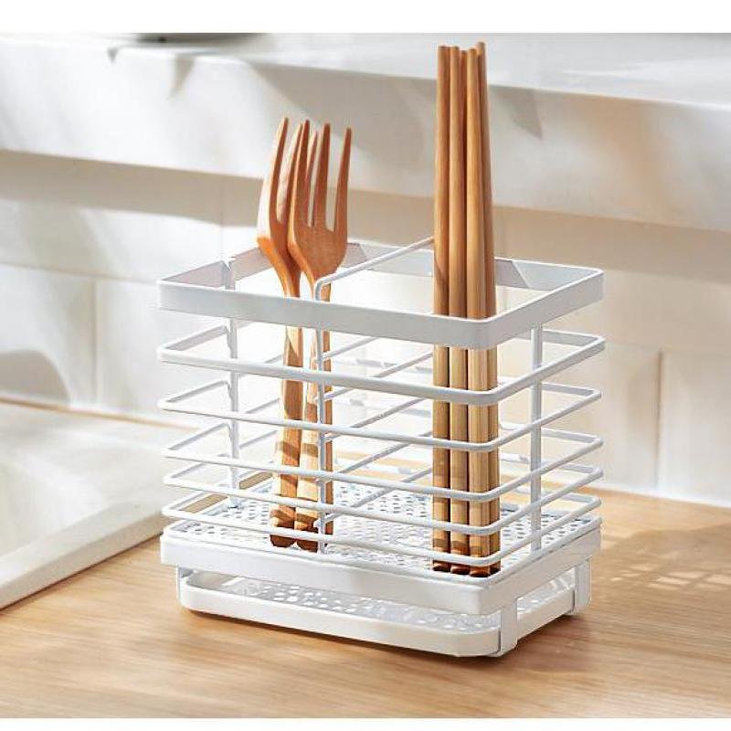 Utensil Cutlery Holder Suspended Wall Drainer with Tray Sink Drying Rack Kitchen Counter Organizer Tableware Storage Table White 5