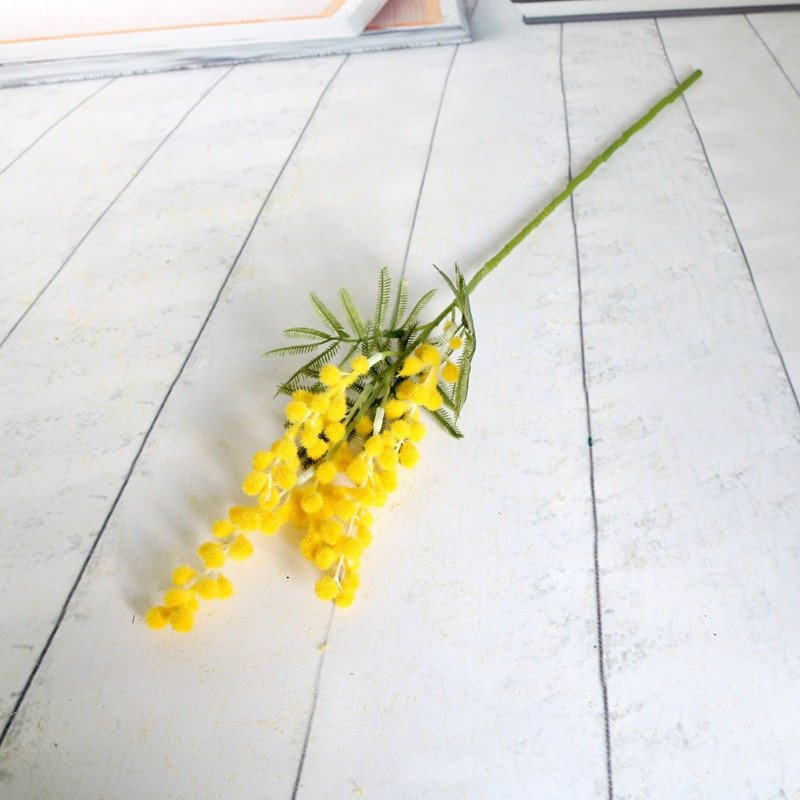 12/24pcs 57cm Fake Yellow Flower Branch Artificial Plant Mimosa Plastic Leaves Small Pompon Stamen For Home Wedding Room Decor 3