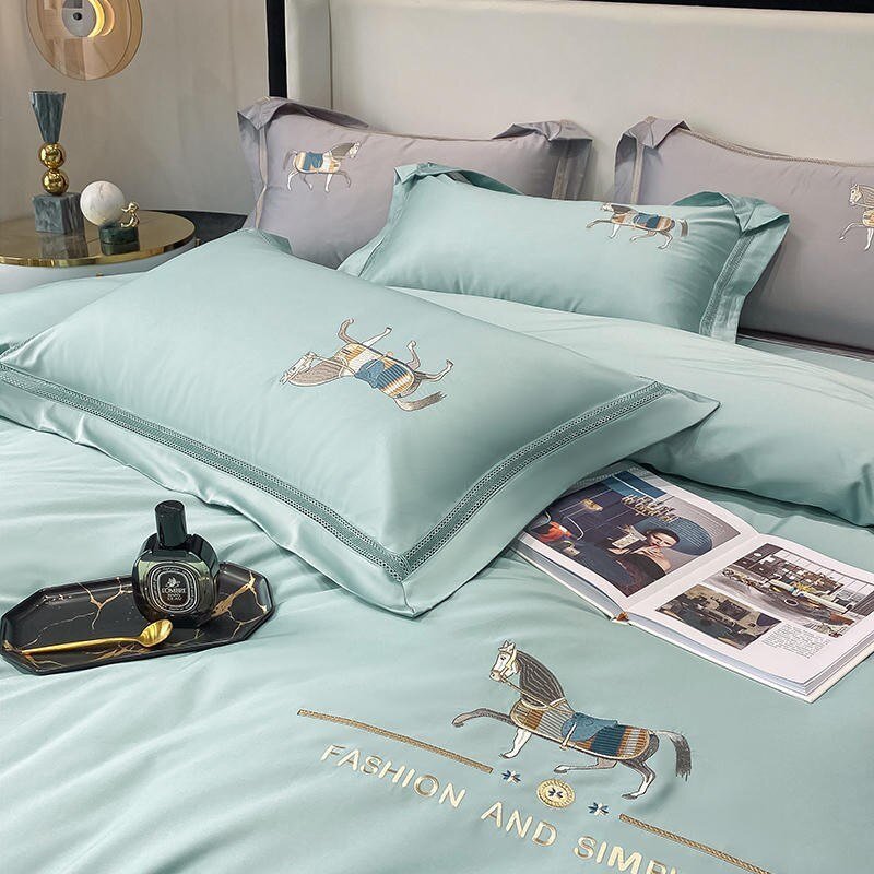 4Pcs Horse Bedding Set Tiffany Green 1000TC Egyptian Cotton Bedding Embroidery Duvet Cover for Adult Teens Bed Sheet Pillowcases 6