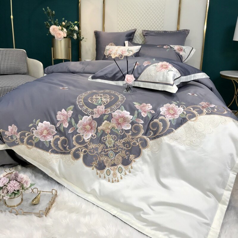 Chic Embroidery Blossom White Grey Patchwork Duvet Cover Luxury Silk Satin Cotton Soft Bedding set Bed Sheet Pillowcases 4