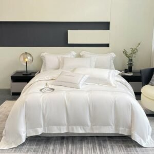 4Pcs Luxury Soft 1000TC Egyptian Cotton White Hotel Duvet Cover with 3 Stripe Silver/Grey Embroidery +1Bed Sheet+ 2 Pillowcases 1