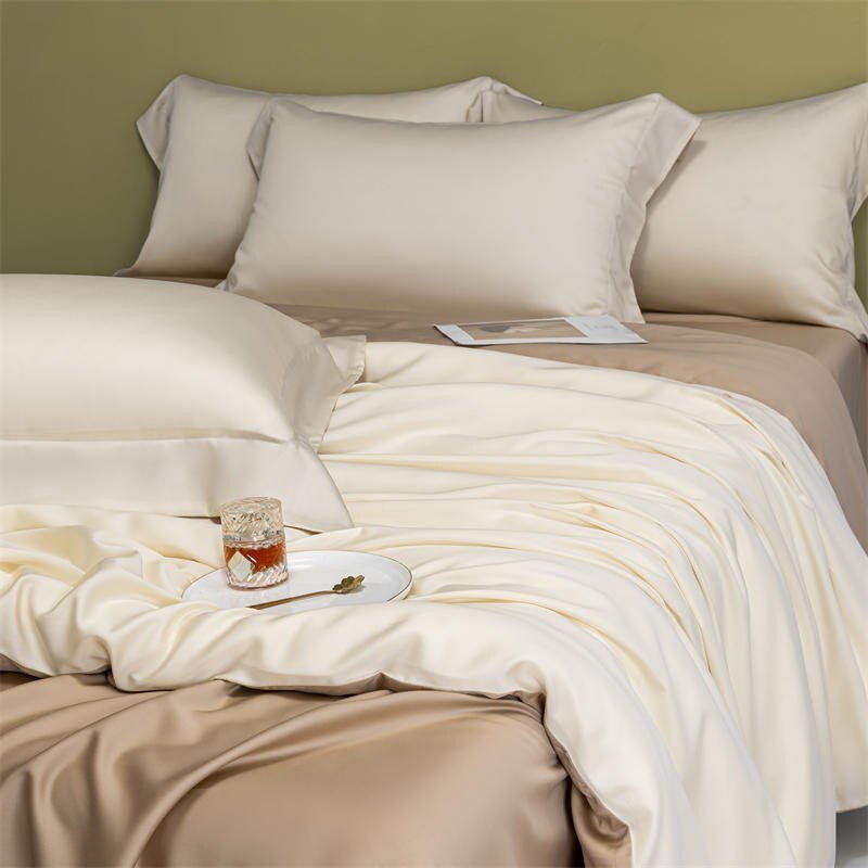 600TC Eucalyptus Lyocell Reversible Cream Brown Duvet Cover with Zipper Ties Soft Cooling Bed Fit Sheet Pillowcases  Bedding Set 4