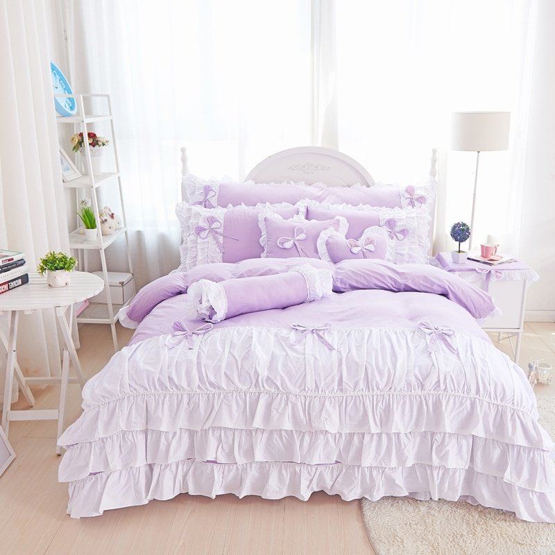 100% Cotton pink purple king queen twin single Double size girls bedding set ruffles korean bed set bedsheet set duvet cover 5