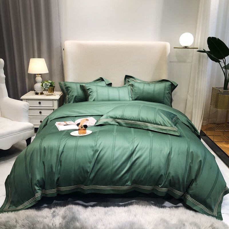 Embroidered Frame Chic Jacquard Duvet Cover Bed Sheet Pillowcases 1000TCEgyptian Cotton Green Bedding set Double Queen King 4Pcs 1