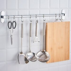Stainless Steel Bar Hanger Kitchen Utensils Spoon Holder Rack Rail with Sliding Hooks Pot Pan Storage Organizer Wall Mounted 1