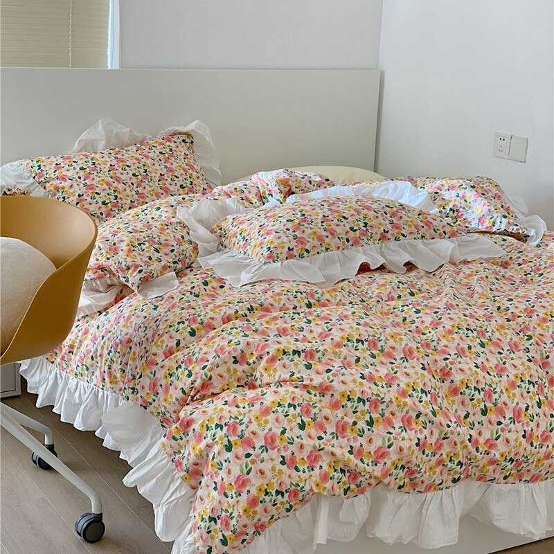 Girls Fresh Flowers Bedding Set Ultra Soft 100%Cotton Vintage Floral Ruffles Duvet Cover Bedsheet Pillowcases Twin Queen size 2