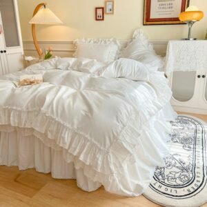 Soft and Breathable Premium Cotton 4/6Pcs White Pink Bedding Set Double Ruffle Exquisite Craft Duvet Cover Bedskirt Pillow Shams 1