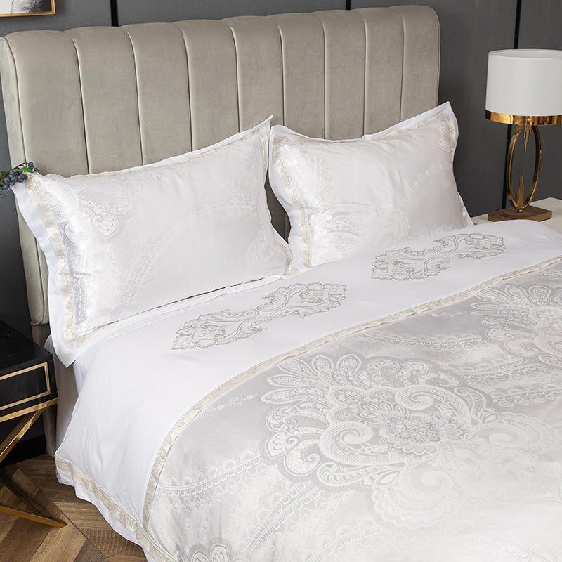 4Pcs Satin/Silky Luxury Soft White Gray Bedding set Sateen Cotton Duvet Cover Set Bed Sheet Pillowcases Stain-Resistant Wrinkle 3