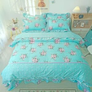 Romantic Floral Blue Pink Bedding Set Double Queen King 4Pcs 100%Cotton Girls Duvet Cover Zipper Corner Ties Bedsheet Pillowcaes 1