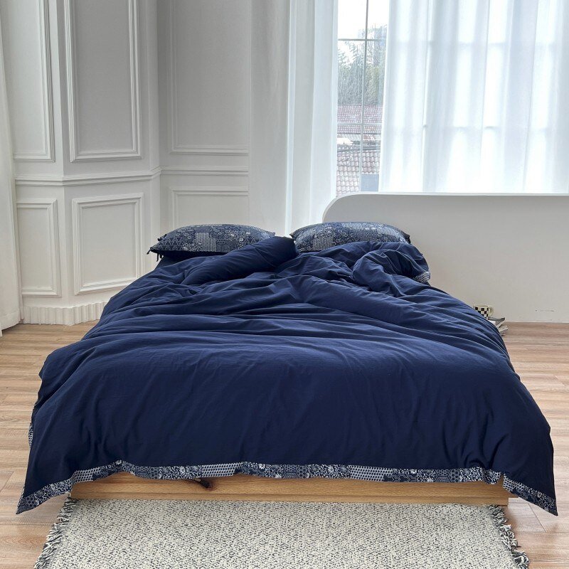 Navy Blue 1Duvet Cover 1bed Sheet 2/4Pillowcases Double Queen King 4/6Pcs 100%Washed Cotton Solid Plain Ultra Soft Bedding Set 1