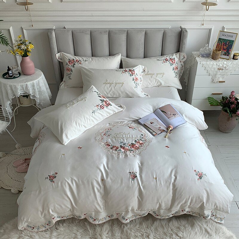 Luxury Chic Flowers Embroidery White Bedding Set 600TC Egyptian Cotton 1 Duvet Cover 1 Bed Sheet 2 Pillowcase Queen King 4Pcs 2