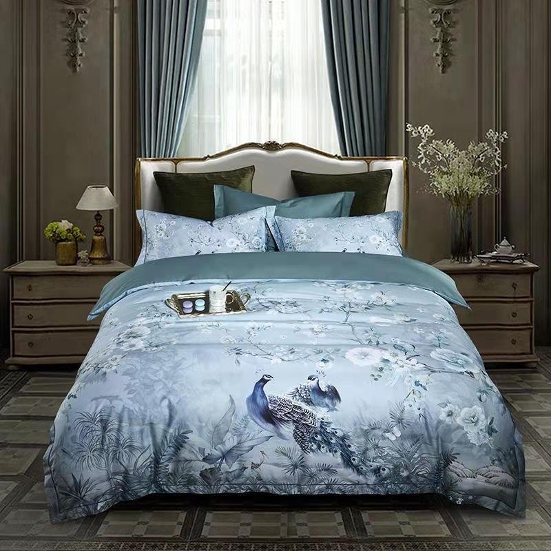 100% Egyptian Cotton US size Bedding Queen King size 4Pcs Birds and Flowers Leaf Gray Shabby Duvet Cover Bed sheet Pillow shams 2