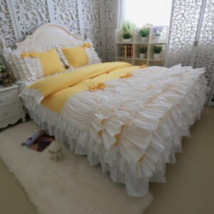 White Yellow Bright color Waterfall Ruffle Duvet Cover Set Korean Princess 100%Cotton Bedding set Twin Queen King size Bedskirt 1